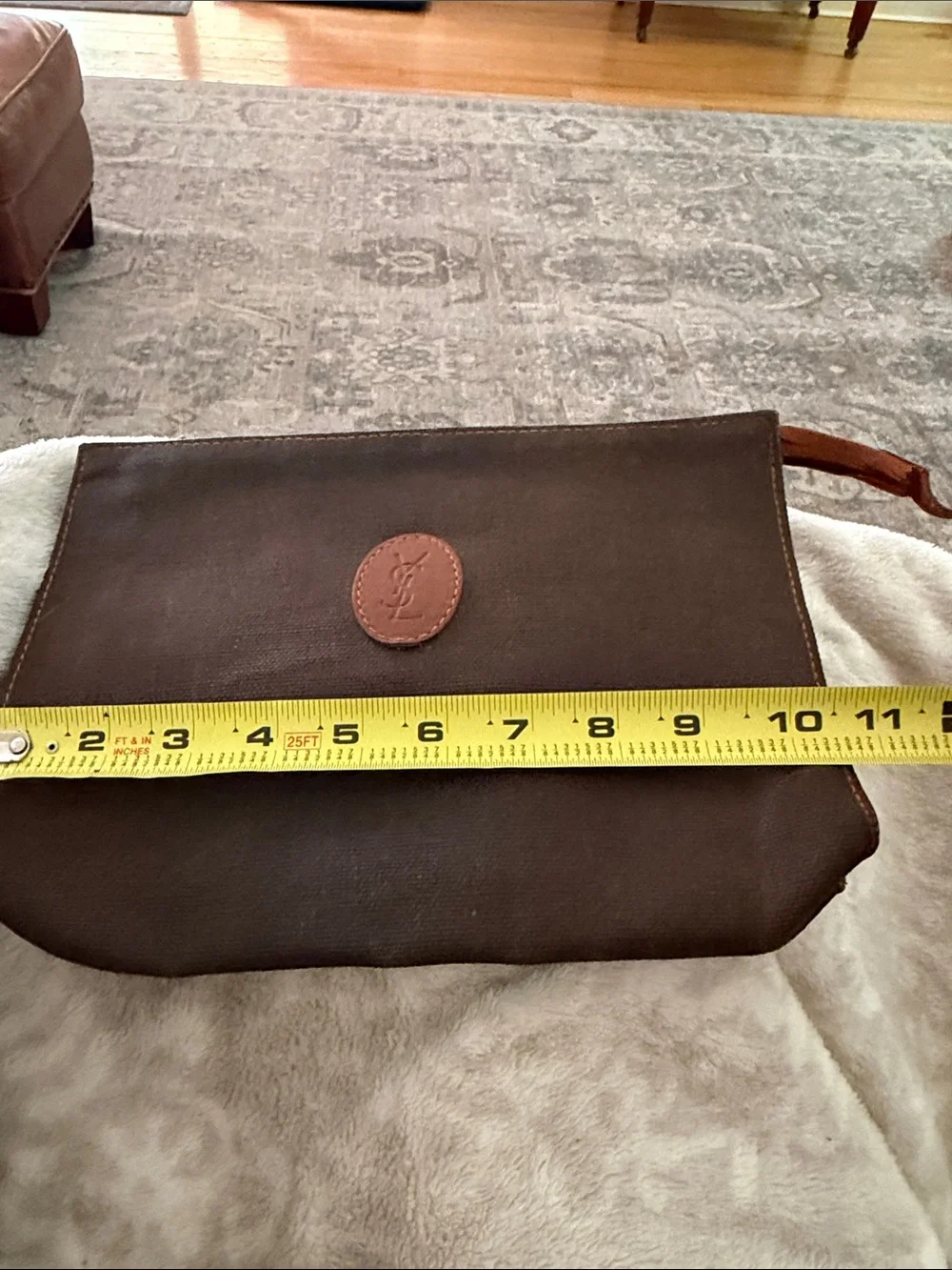Yves Saint Laurent Brown Canvas Clutch with Leather Logo Patch